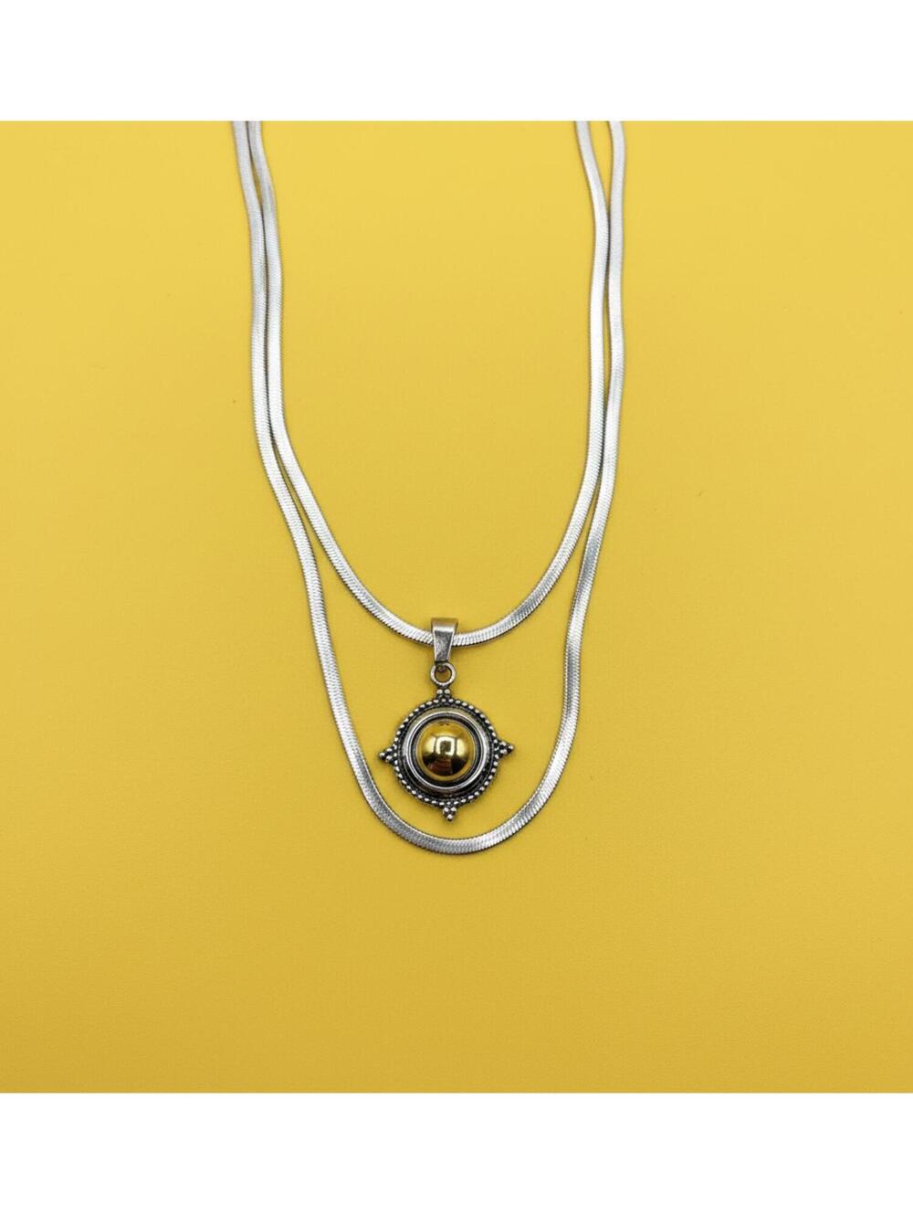 Double Strand Silver Necklace with Ornate Pendant